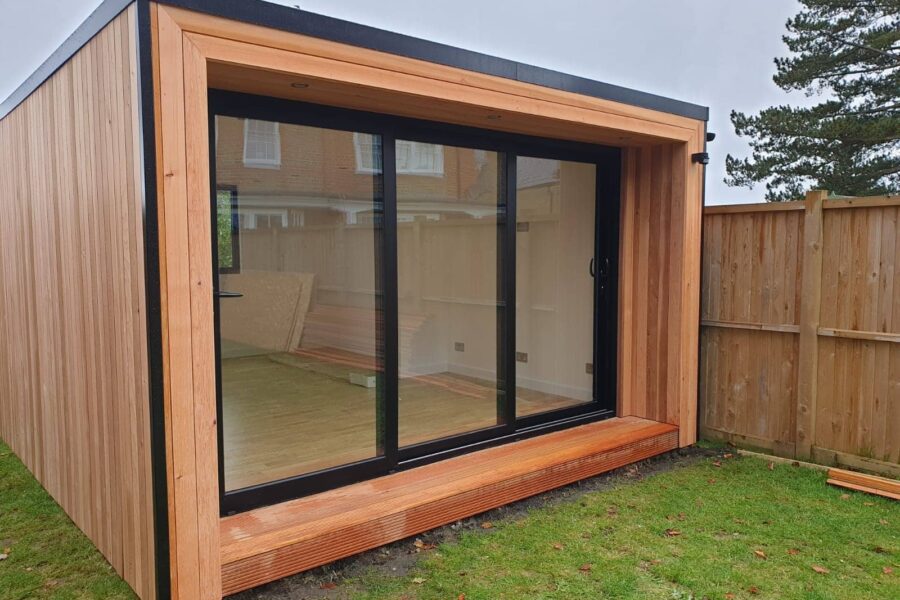 close up of cedar cladding on a garden office in Surrey - eDEn Garden rooms