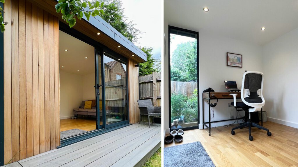 A small modern home office with wood paneling, large sliding glass doors, a desk, chair, and computer monitor inside, seamlessly blending into an adjacent garden gym surrounded by greenery.