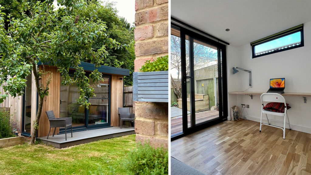 A small wooden garden office with glass doors in an outdoor garden setting (left) and the interior view showing a minimalistic setup with a desk, chair, and a plant (right) that could also double as a Garden Gym.